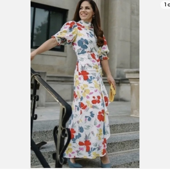 RIXO Floral Maxi Dress Mock Neck Cascade Ruffle Split - Picture 4 of 12